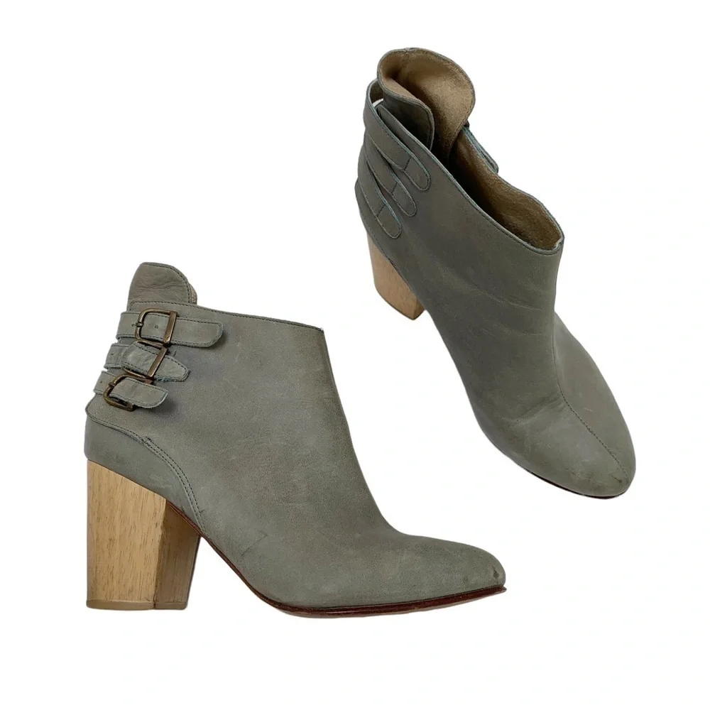Fortress of Inca Leather Booties Size 6 Ankle Boots Heel Buckles Gray Green